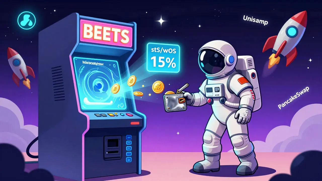 Astronaut connecting wallet to BEETS arcade terminal as stS tokens flow into a liquidity wormhole.