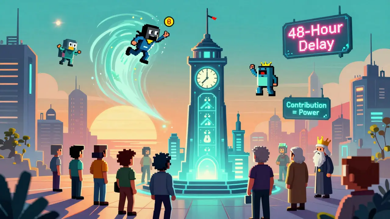 Avatars gathered around a timelock tower, one leaving as others delegate votes in a neon metropolis.