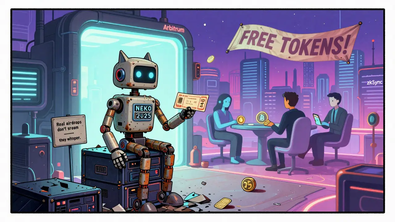 Cat-headed robot holding expired NEKO voucher, behind it a glowing future crypto metropolis.