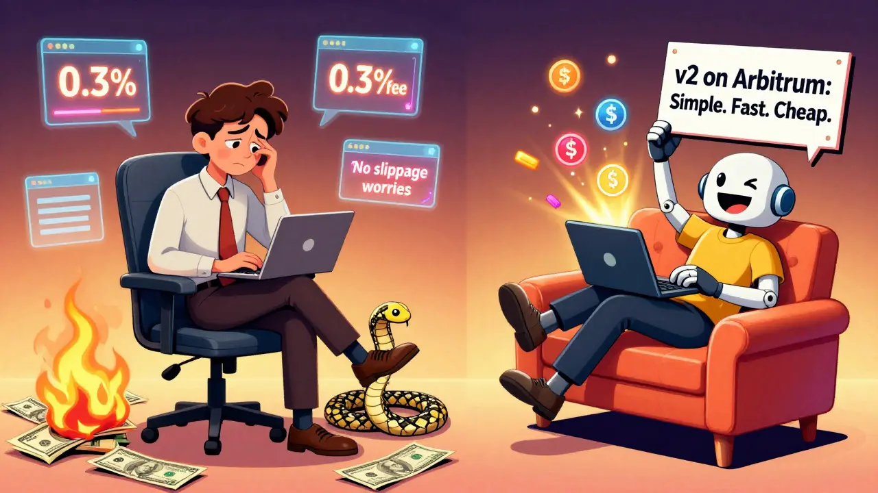 Contrast scene: stressed trader on Ethereum vs relaxed trader on Arbitrum with simple, fast swap interface.