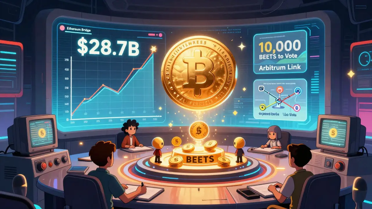 Control room with rising TVL graph and BEETS governance orb, surrounded by cross-chain roadmap icons.