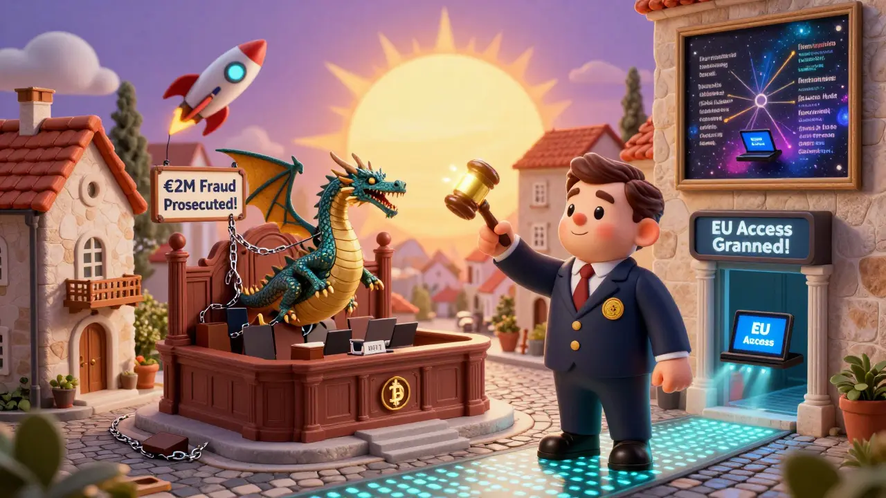 Croatian town with glowing blockchain streets and a prosecutor defeating a blockchain dragon in court.