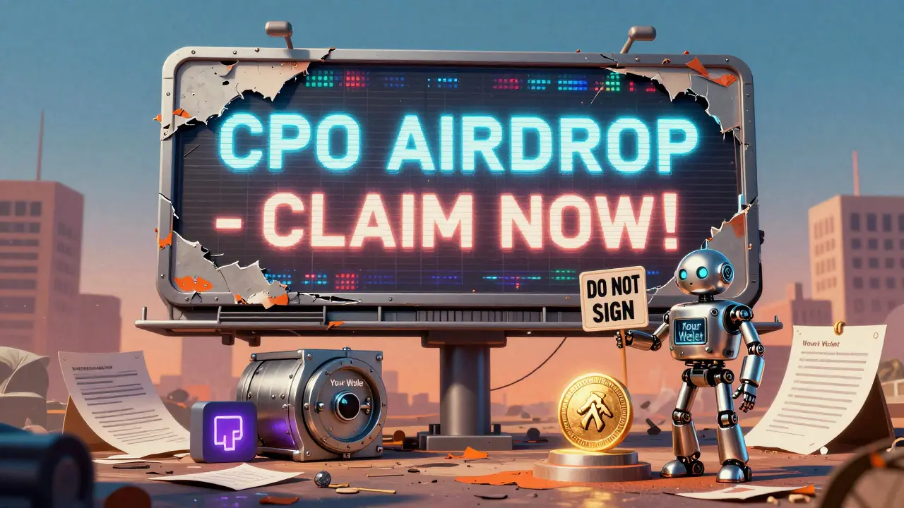 Crumbled billboard saying 'CPO AIRDROP' with a guard robot and one real token shining safely.