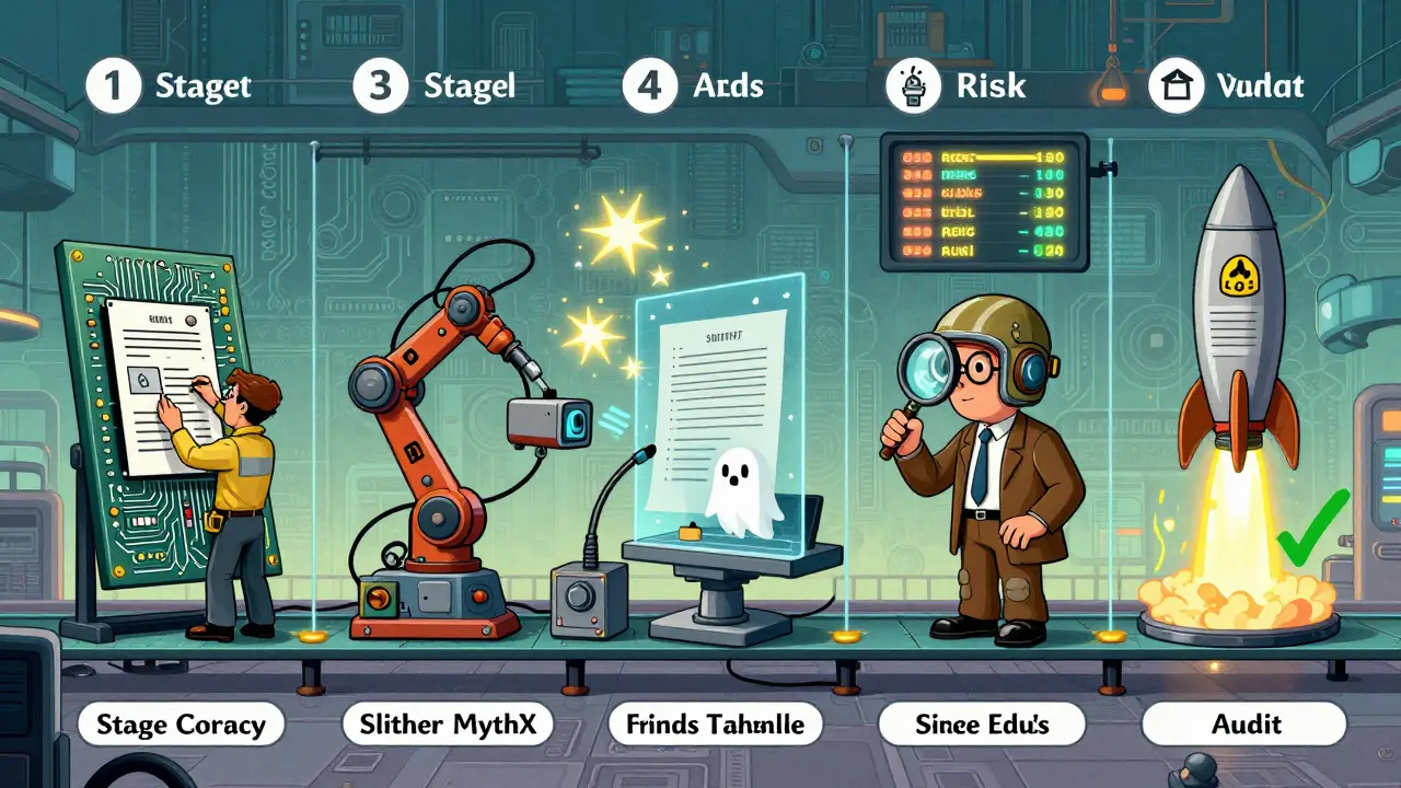 Five-stage audit assembly line with robots and humans inspecting glowing contract vulnerabilities.