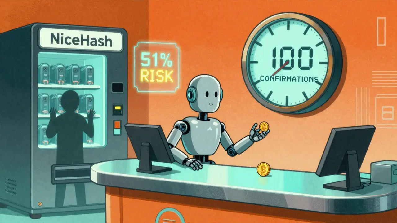 Futuristic exchange counter refusing withdrawal with 100-confirmations clock, shadowy figure renting mining power from vending machine.