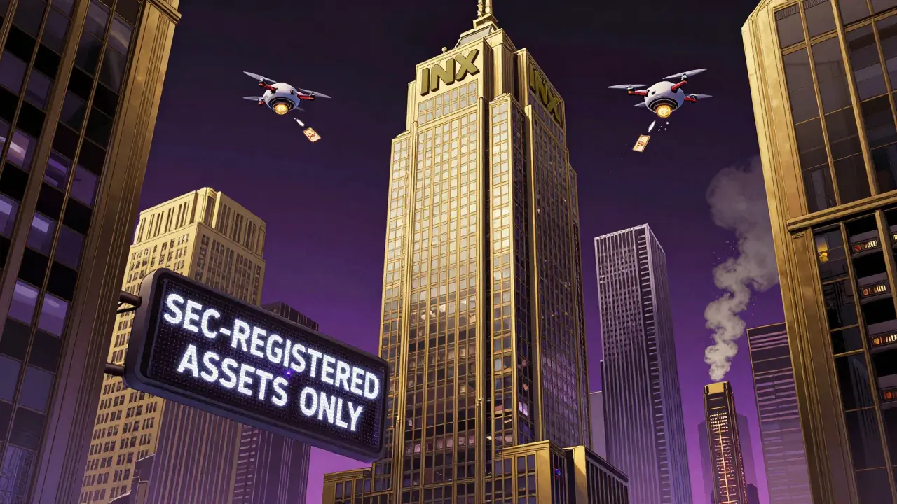 Futuristic INX headquarters tower in a retro art deco city with flying delivery drones.