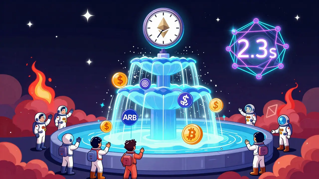 Glowing liquidity fountain with token icons flowing as traders celebrate fast, cheap swaps on Arbitrum.