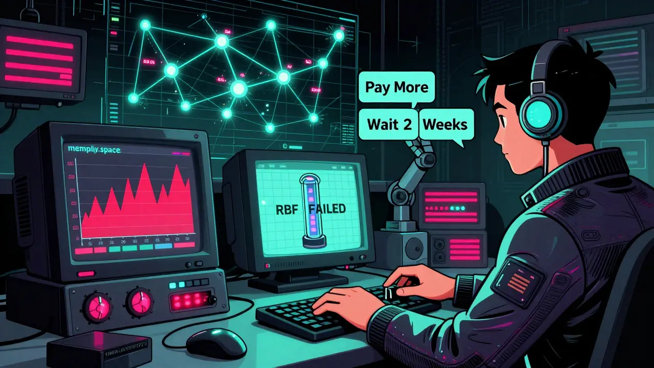 Hacker in 80s control room adjusting mempool settings, monitors showing fee spikes and stuck transactions.