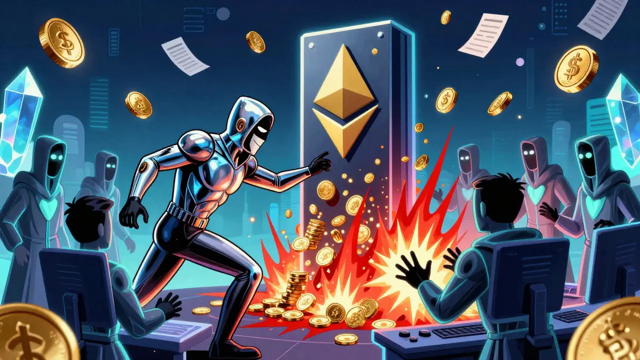 Hackers trying to double-spend Ethereum are stopped by validators who trigger slashing penalties with glowing crystals.