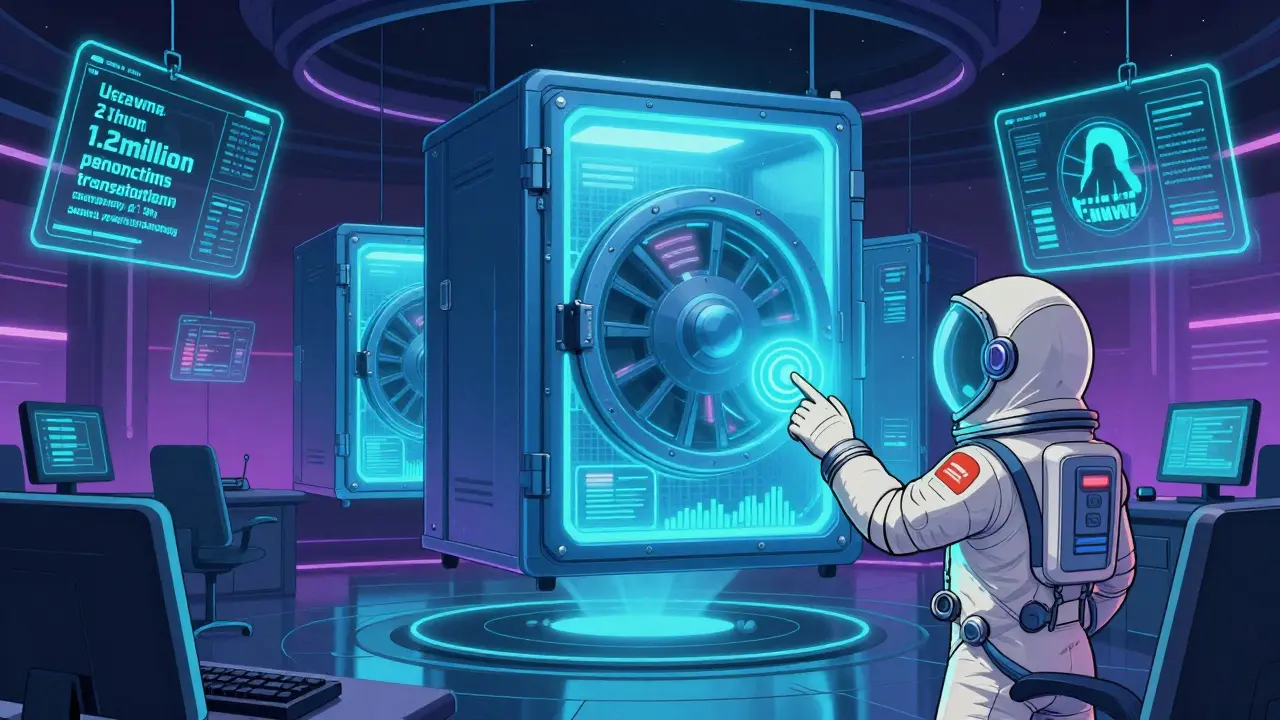 Holographic AI monitors track transactions in Upbit's secure cold storage vaults.