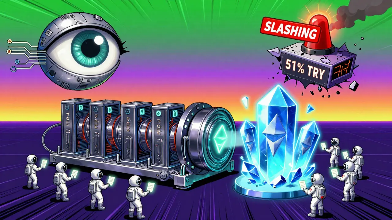 Hybrid blockchain engine with PoW and PoS sides, validators voting, AI eye monitoring, attacker's ship crumbling under slashing alert.