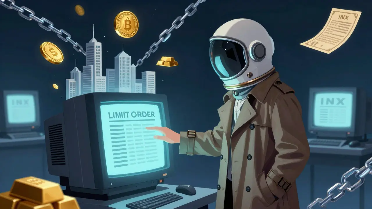 Investor placing an order on a glowing INX terminal surrounded by tokenized asset icons.