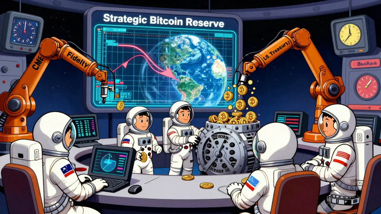 NASA-style mission control monitoring a Strategic Bitcoin Reserve hologram, robotic arms transferring digital assets.