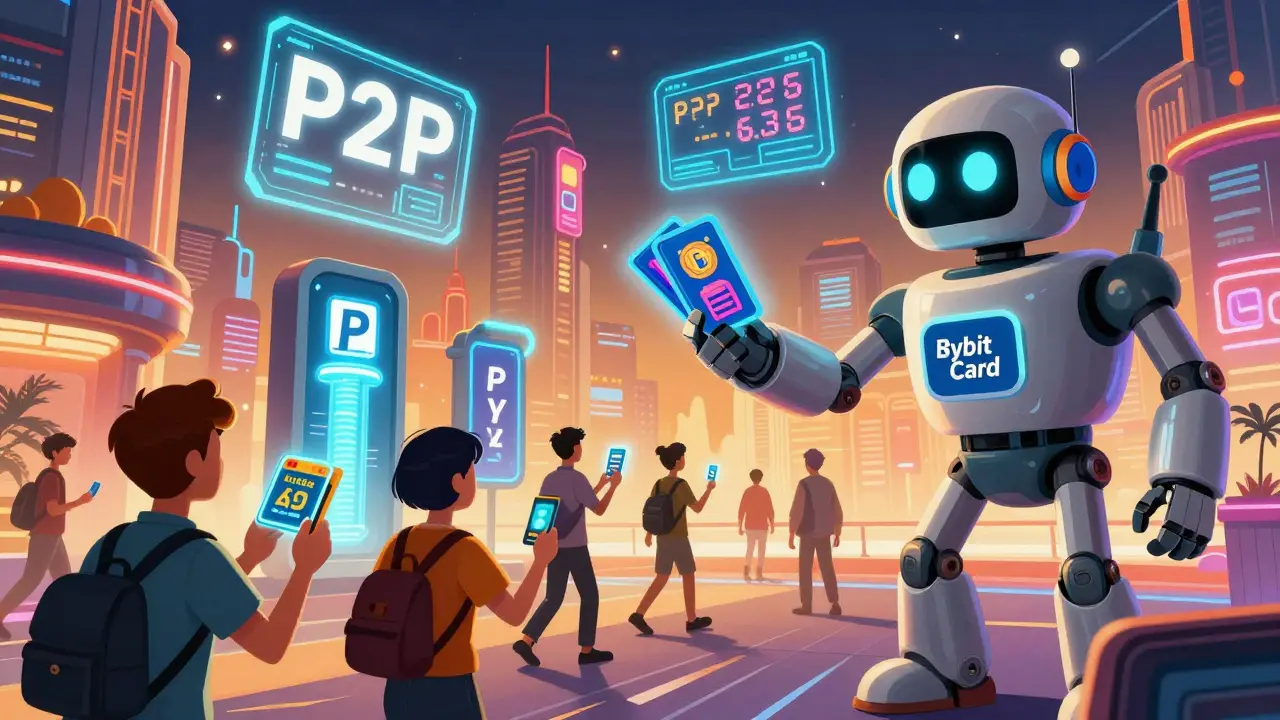 Neon P2P trading hub with robot handing out Bybit Cards in retro-futuristic city