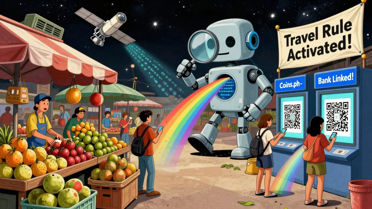 Philippine market with digital kiosks and a robot crushing unlicensed crypto exchanges underfoot.