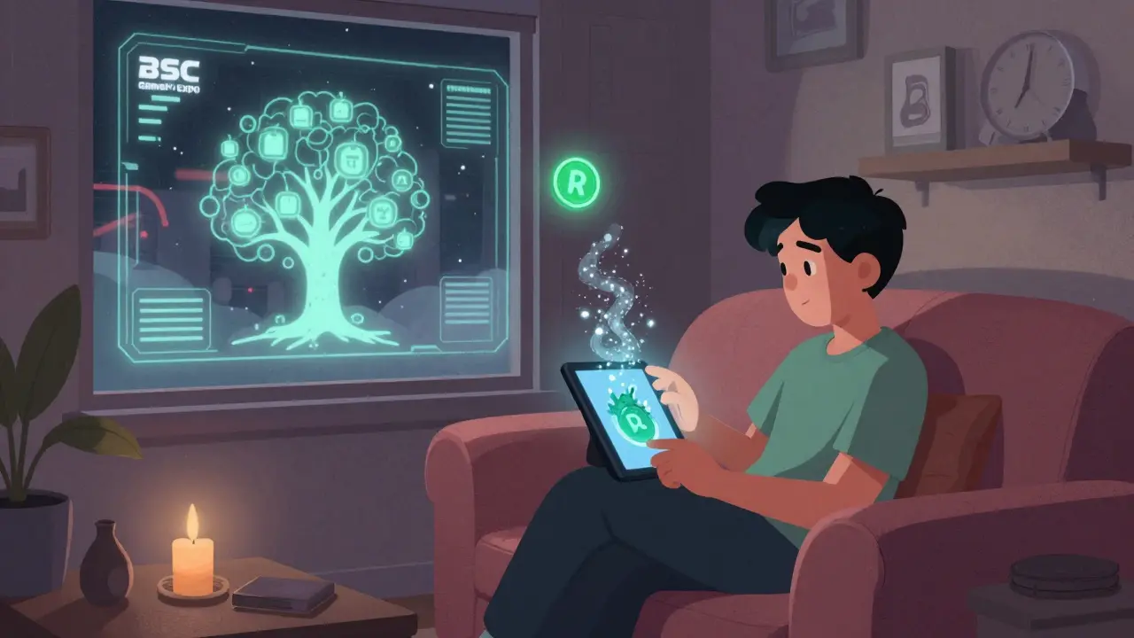 Quiet 2025 scene with player and dragon as CYT tokens burn into ash under a dying expo hologram.