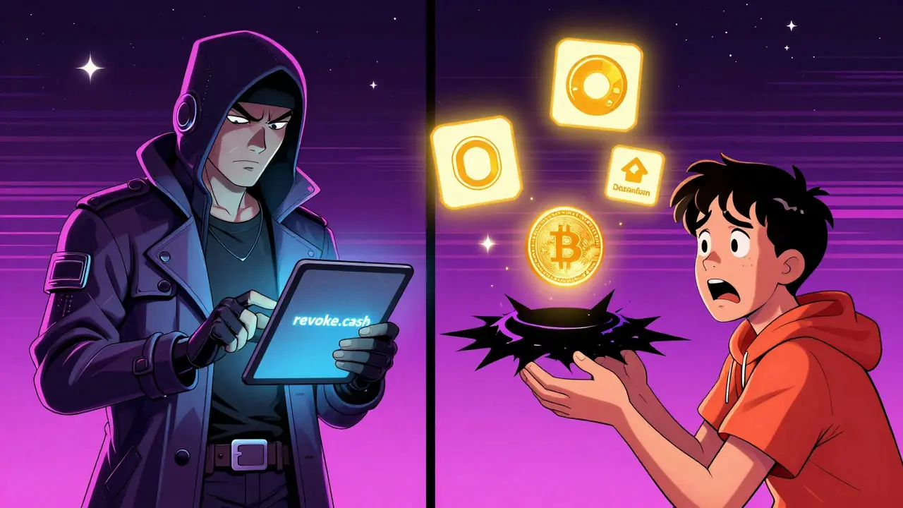 Split scene: hacker revoking approvals vs. user losing funds, with safe projects glowing nearby.