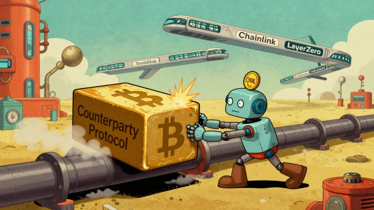 Tiny robot pushing a Bitcoin block through a steam-punk pipeline while modern bridges speed past.