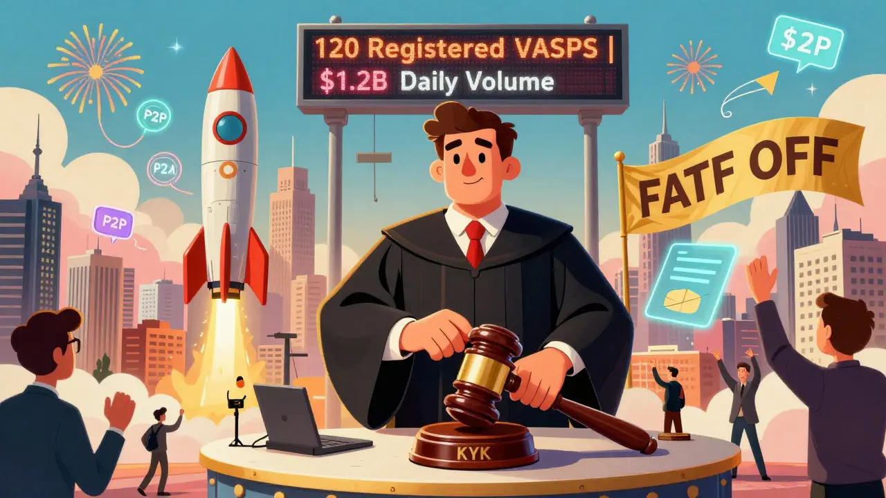 Turkish city with rocket-shaped exchanges launching as a judge lowers a KYC gavel over a giant transaction scoreboard.