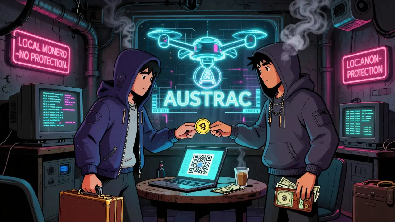 Two people trading Monero in a neon-lit basement, with a holographic AUSTRAC logo watching from outside.