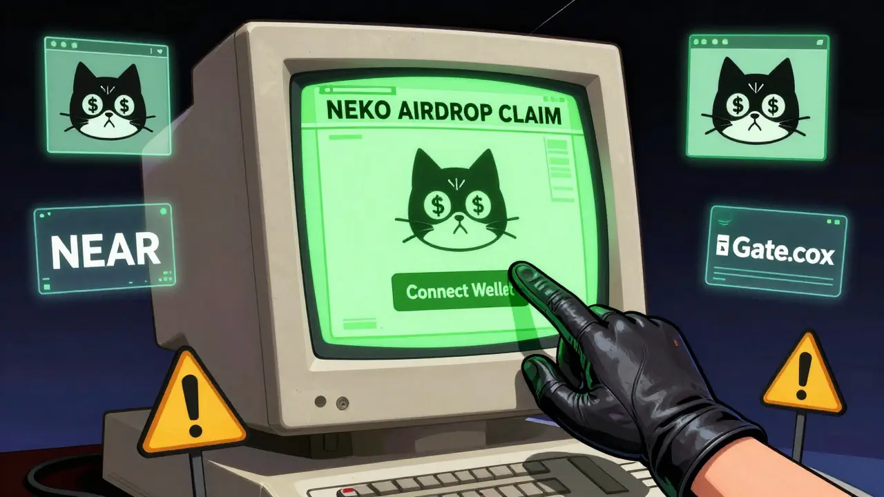Vintage computer screen showing fake NEKO airdrop page, hand hesitating over connect button, warning cat nearby.