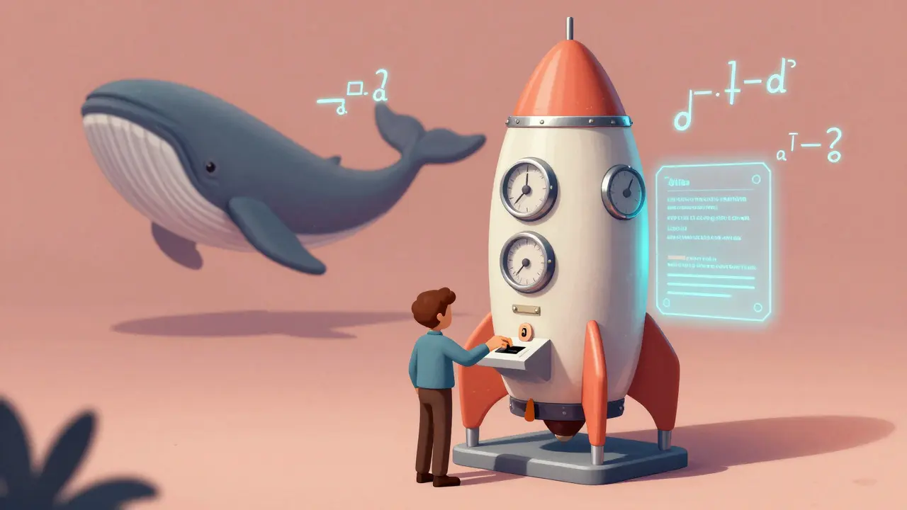 Whale and small holder voting in a retro rocket-shaped booth with floating math equations.