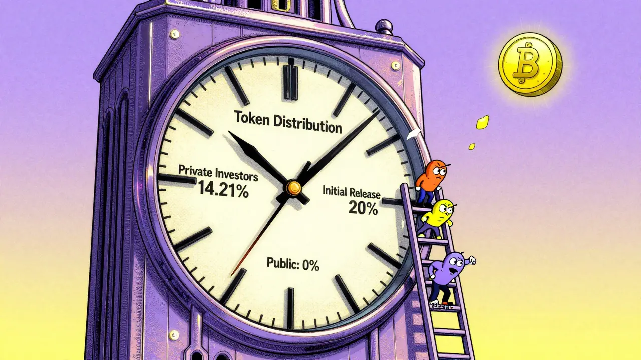 A broken token distribution clock shows public getting nothing while private investors claim most, tiny figures climb a ladder to Bitget.