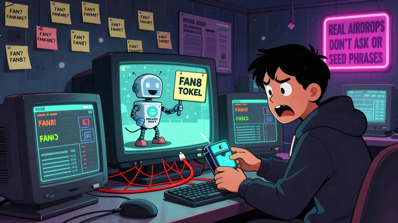 A cluttered crypto room with fake FAN8 dashboards and a user disconnecting a wallet from red warning cables.