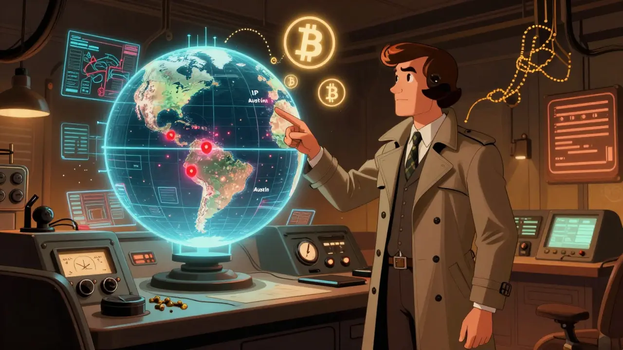 A detective uses holographic maps to track crypto transactions by IP geolocation on a glowing globe.