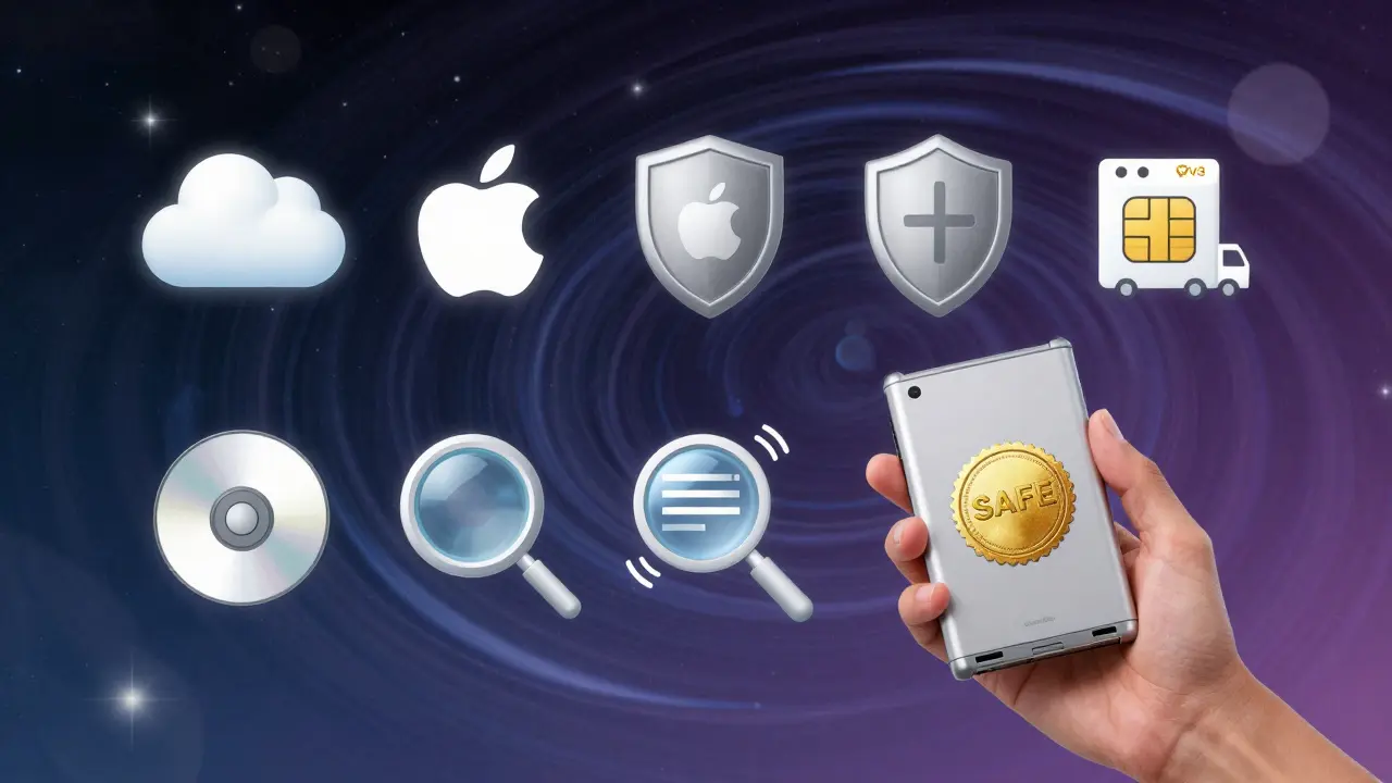 A floating retro-futuristic checklist shows safe steps to erase data, ending with a sealed device.