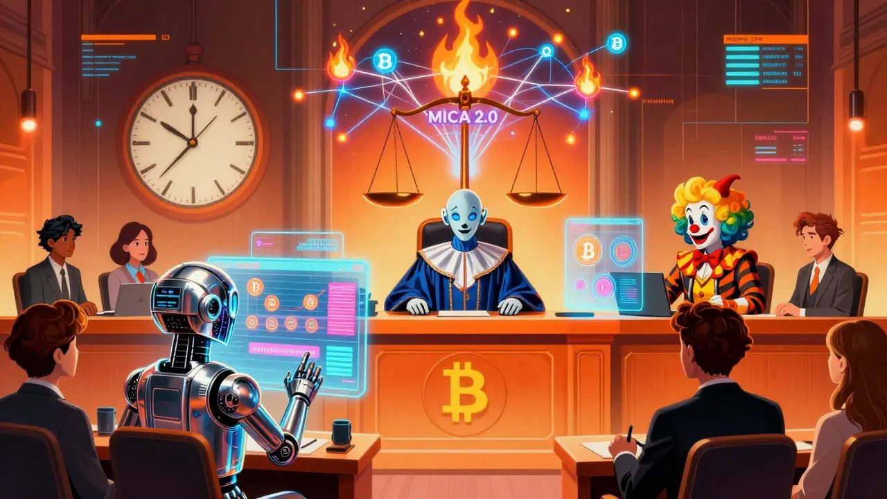 A futuristic courtroom where an AI bot is on trial with a crypto influencer, under a clock ticking toward new regulations.