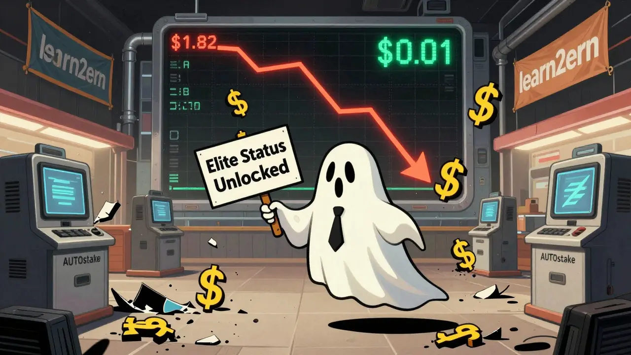 A ghost in a dollar-sign suit floating above a crashing price chart in a dead marketplace.