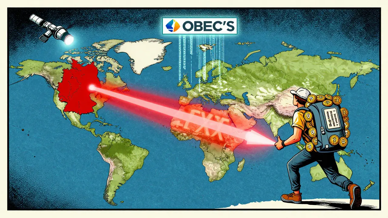 A global map with exit tax beams shooting from Europe toward a fleeing crypto traveler under the OECD’s CARF satellite.
