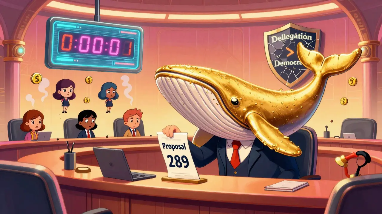 A golden whale controls a DAO proposal while ordinary users fade into the background, symbolizing voting inequality.