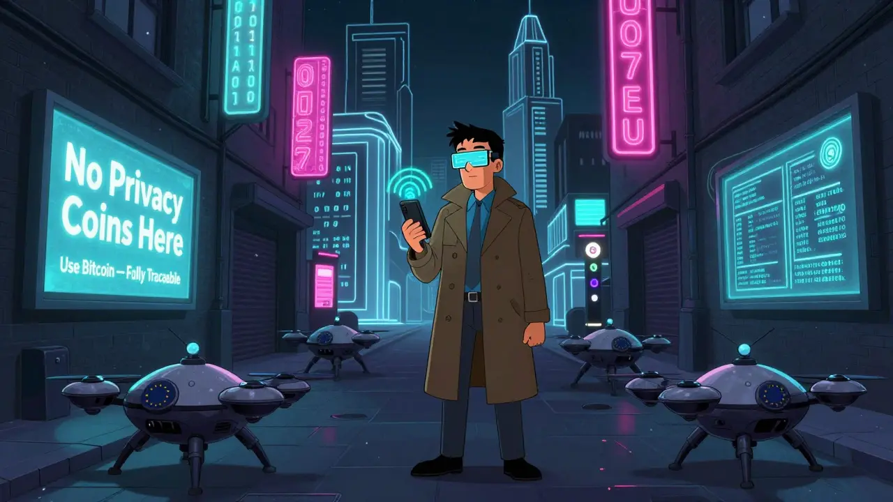 A lone person in a cyberpunk alley holding a privacy coin wallet as EU drones scan the scene under neon 'No Privacy Coins' signs.