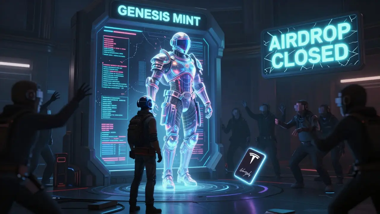 A lone player watches a Genesis NFT materialize as a 'AIRDROP CLOSED' sign glows behind them, with a Tesla keycard floating down.