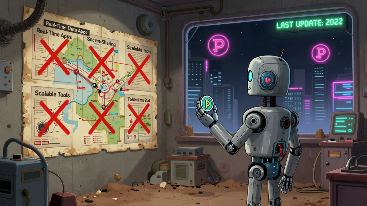 A lonely robot holds a single CPR token in a dusty lab, staring at faded roadmap posters marked with red X’s under a darkening city skyline.