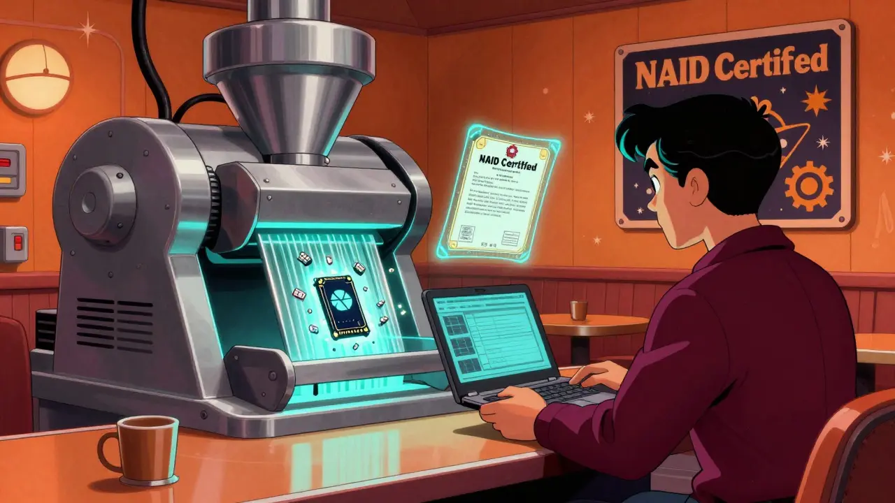 A person gives a laptop to a recycler while an industrial shredder destroys the SSD with a certification hologram.