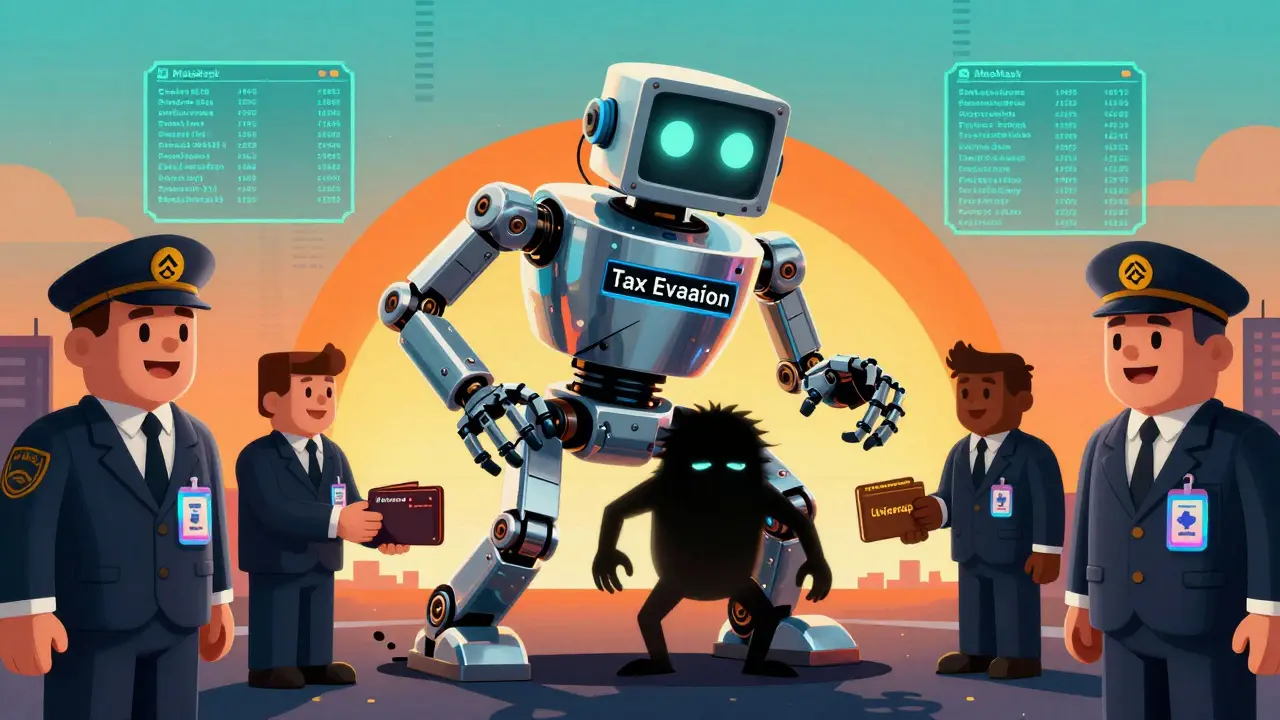 A robot crushing tax evasion while people hand over crypto wallets to smiling tax agents