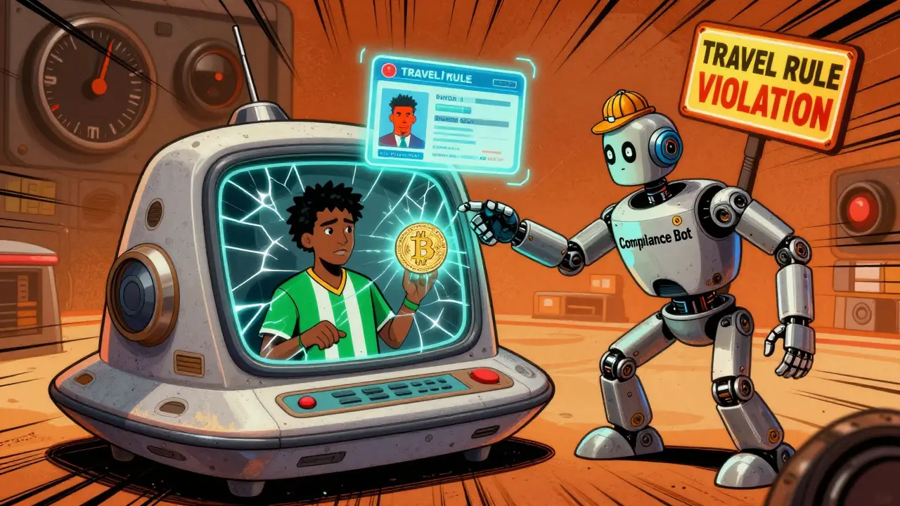 A spaceship-style crypto terminal blocking a user's transaction with a glowing compliance warning and floating documents.