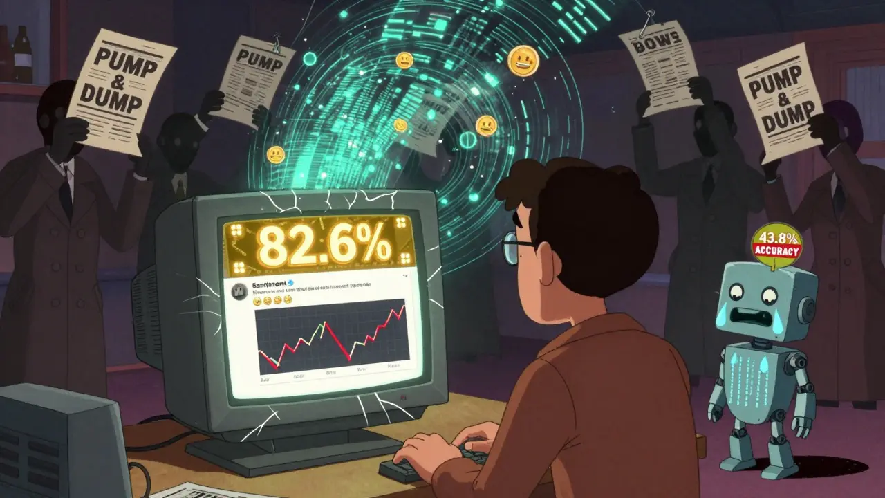 A trader facing conflicting sentiment data, surrounded by fake news and a crying robot, in glitchy pastel retro-futurism.