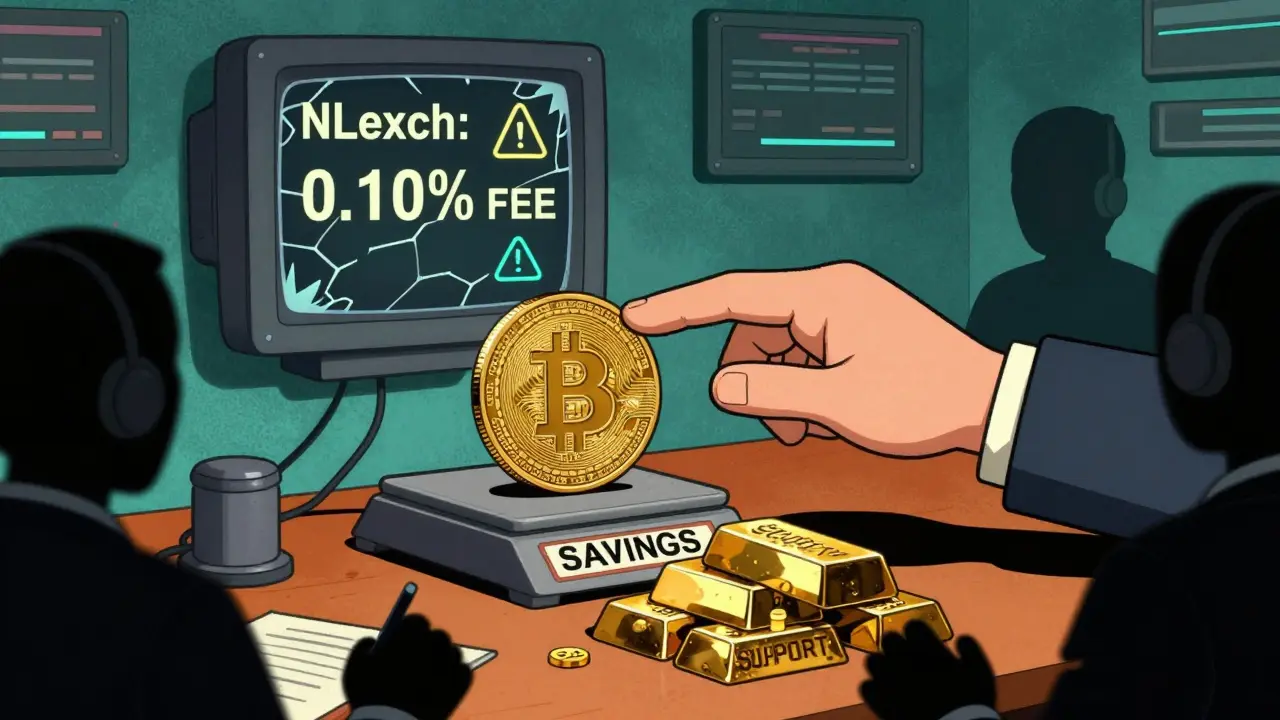 A trading desk with a Bitcoin on a savings scale, overshadowed by unused security bars and shadowy regulators.