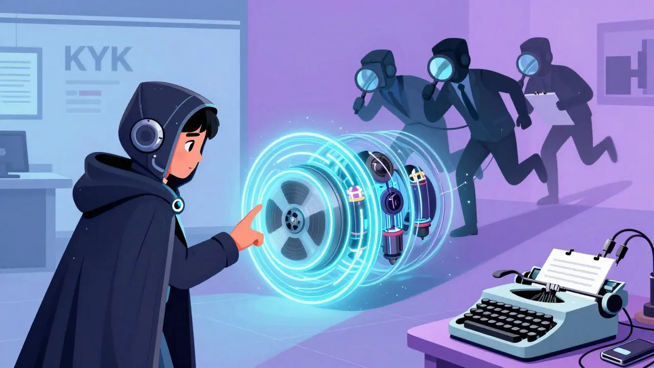 A user sends crypto through a Tor tunnel while shadowy trackers fail to follow, contrasting KYC exchange and private home.