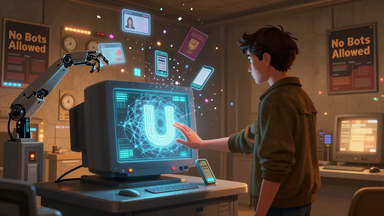 A user verifying identity at a glowing 80s-style kiosk, with digital IDs dissolving into confetti.