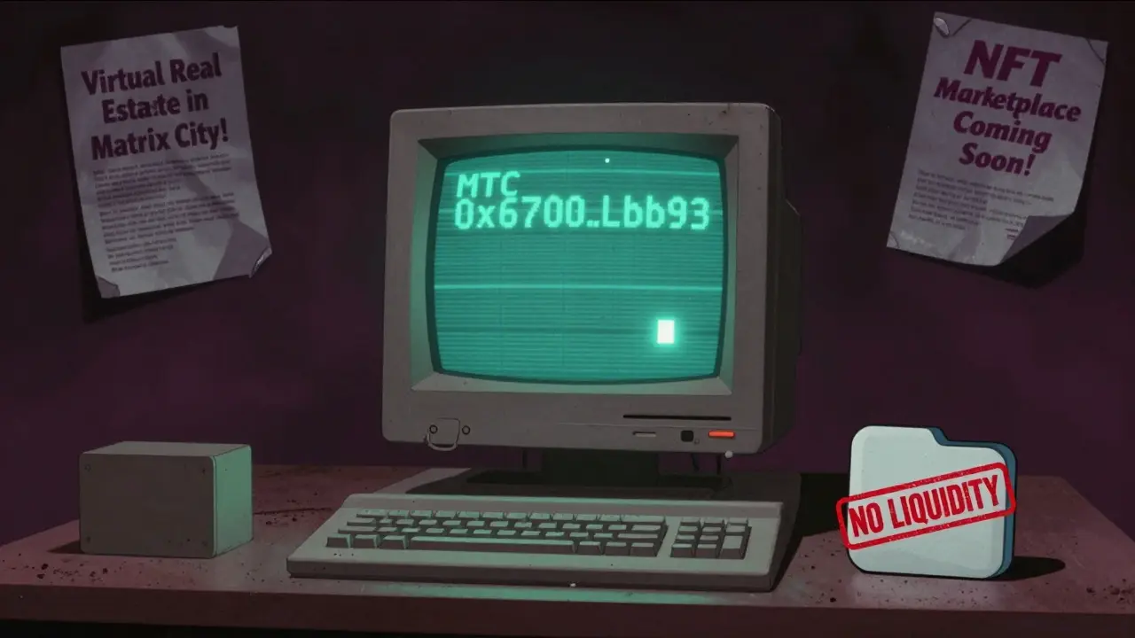 Abandoned 1980s computer terminal flickering with a dead crypto contract address and empty wallet.