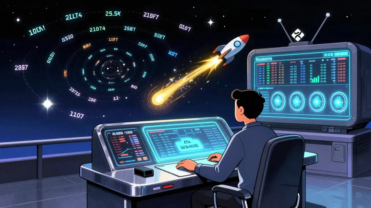 Advanced trader with holographic trading dashboard and staking rocket, surrounded by 200 crypto pairs in retro-futuristic control room.