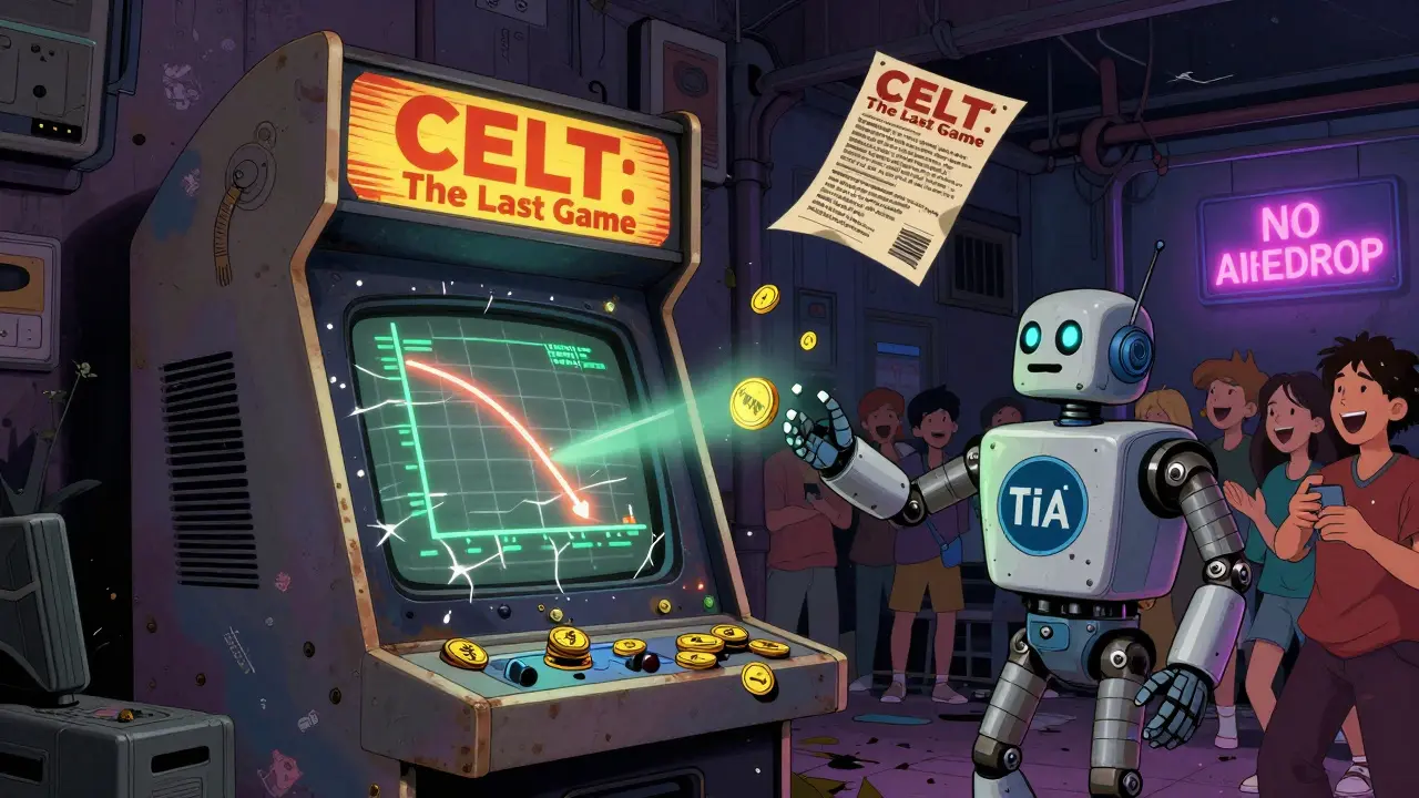 An abandoned CELT arcade cabinet fades beside a thriving Celestia airdrop scene in a dystopian 80s tech alley.