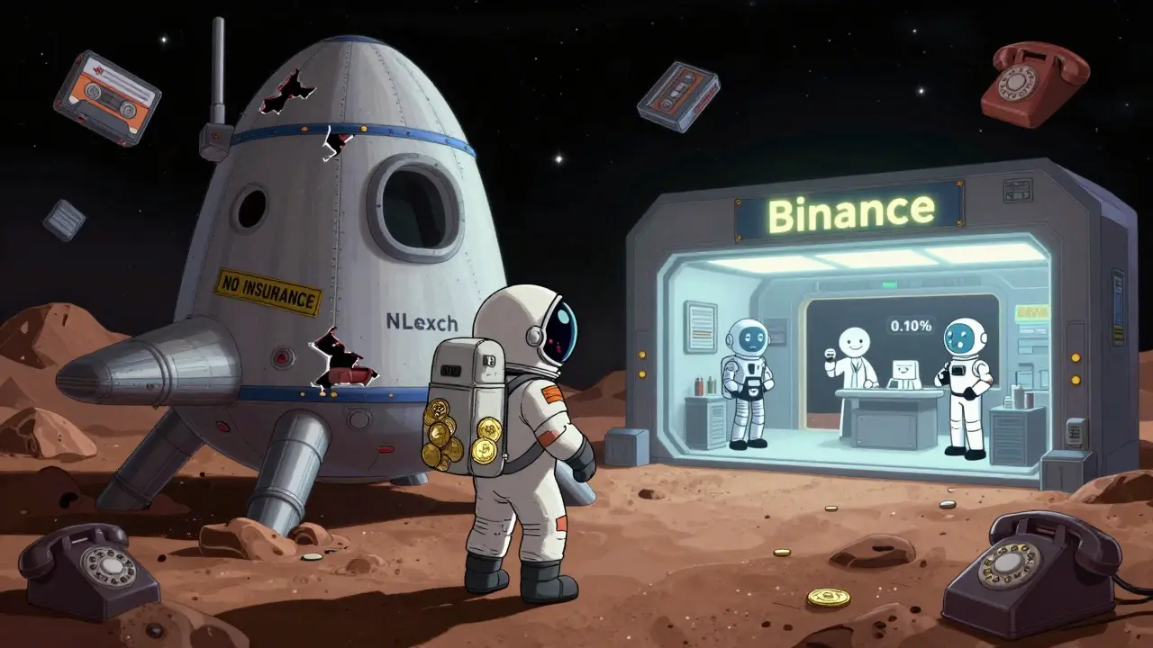 An astronaut leaving a crumbling NLexch spaceship for a safe space station, holding crypto coins nervously.