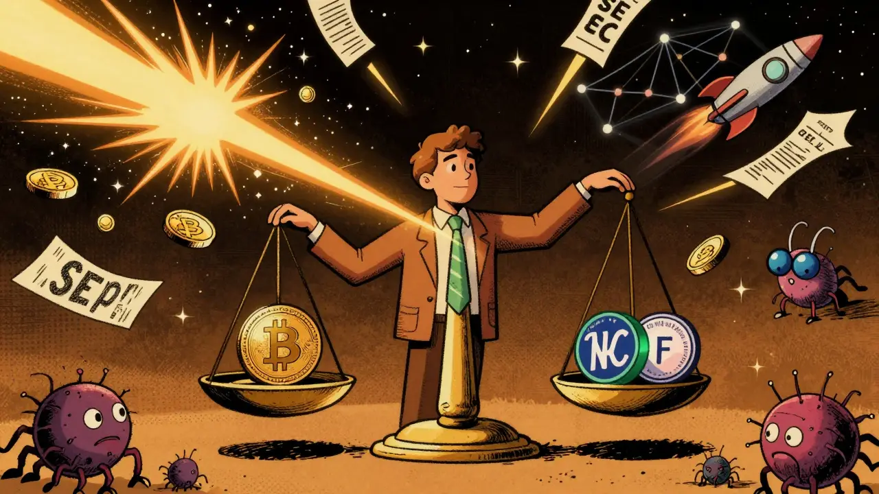 An investor balances crypto tokens on a cosmic scale while market chaos swirls around them in a stylized 80s sci-fi scene.