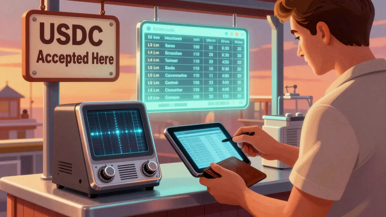 Bakery owner accepting USDC payments with a vintage-style tablet and glowing blockchain behind.